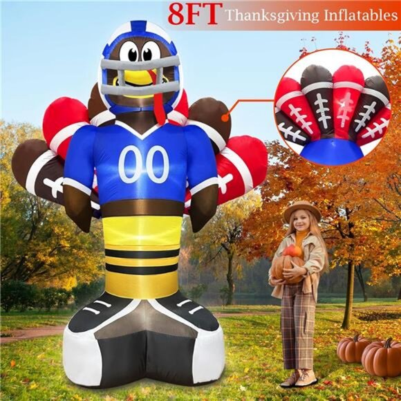 8 Ft Giant Football Turkey Inflatables Thanksgiving Decor with Built-in LED - Picture 5 of 8